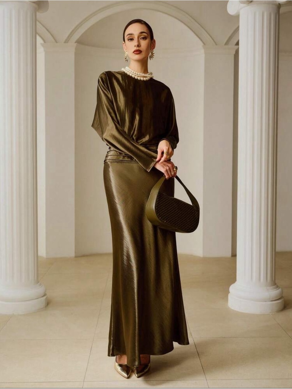 Elegant Olive Satin Maxi Skirt - Women's